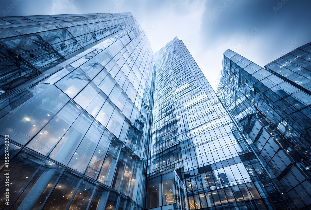 Fototapeta premium Modern glass skyscrapers viewed from below.