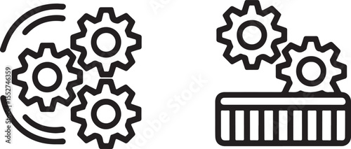 Gear Systems and Mechanical Processes Depicted in Black and White Iconography Symbolizing Engineering Concepts and Automated Functionality