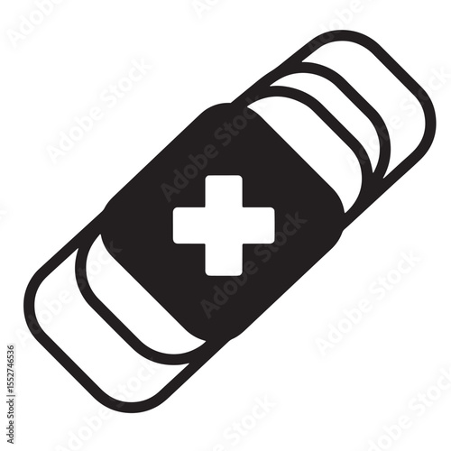 Simple black and white illustration of adhesive bandages with first aid cross symbol