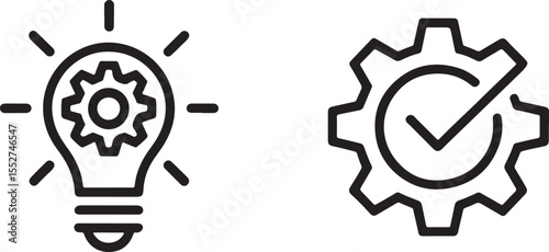 Outlined Lightbulb with Gear and Gear with Checkmark representing Innovation, Technology, Problem Solving, Progress, Efficiency, and Solutions