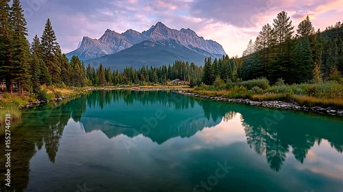 Serene Mountain Reflections in Calm Forest River