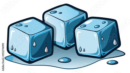 High-quality vector illustration of three realistic ice cubes melting with visible water droplets and puddles, rendered in detailed transparency and reflective surfaces