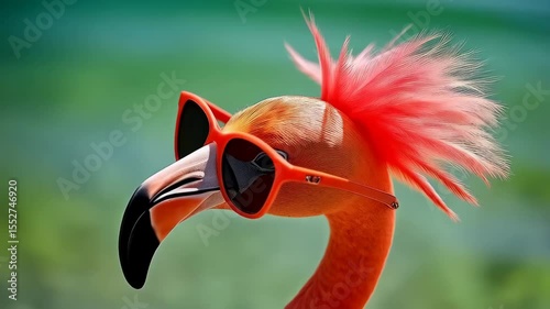 Flamingo in sunglasses enjoying a sunny day at the beach with vibrant blue ocean in the background
