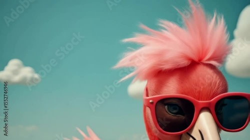 Flamingo in sunglasses enjoying a sunny day at the beach with vibrant blue ocean in the background