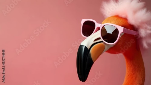 Flamingo in sunglasses enjoying a sunny day at the beach with vibrant blue ocean in the background