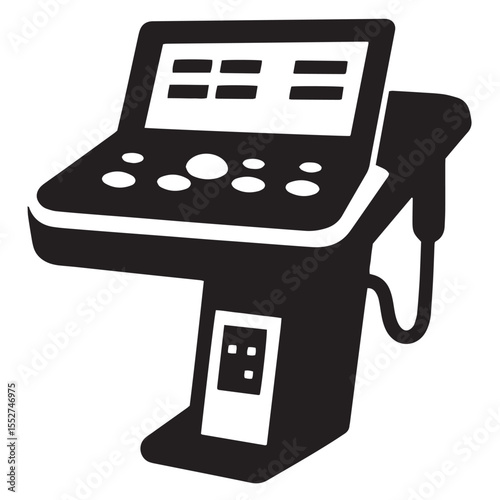 Simplified black and white ultrasound machine icon depicting diagnostic medical technology