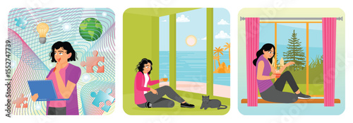 A Thoughtful Woman Engaged in Creative Thinking. Drinking Coffee and Relaxing. Sitting by a Window.