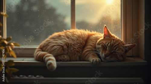 Cat Sleeping Peacefully on Window Ledge with Sunlight