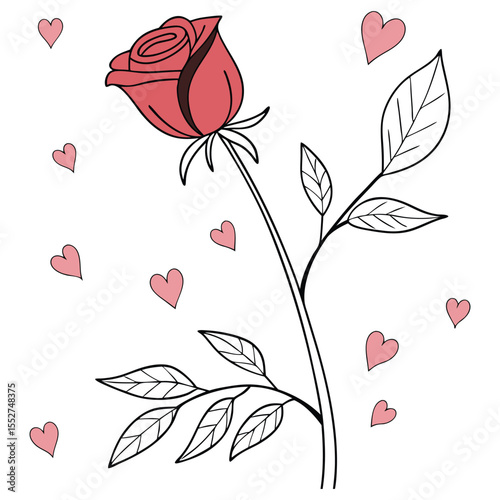 Romantic red rose with scattered hearts, love and valentine’s day concept