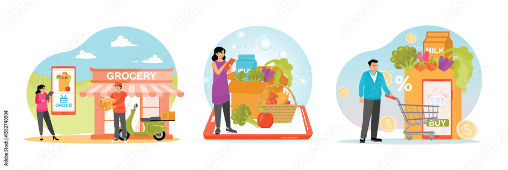 Obraz premium Courier Delivering Goods Shop. Buying Grocery Food Products. Man, Trolley, Groceries and Smartphone.