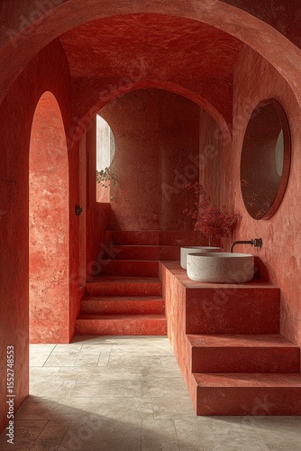 Modern minimalist bathroom with red geometric design and natural lighting