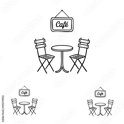 Terrace Café Icon Set – Black Solid and Line Style Outdoor Coffee Shop Symbols set 