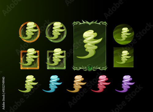 set of fantasy gothic medieval button, skill symbol and card design with wind air magic elements in green and various color