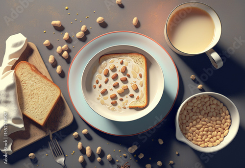 Breakfast consisting of cereal with milk and toast. Top view.  Generative AI	