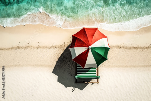 Beach umbrella, sun lounger on tropical ocean beach. Top view. Generative AI	