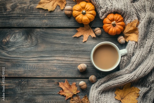 Cozy Autumn Mood with Coffee, Pumpkins, Leaves, and Acorns