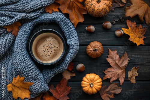 Cozy Autumn Composition with Coffee, Pumpkins, Leaves, and Acorns
