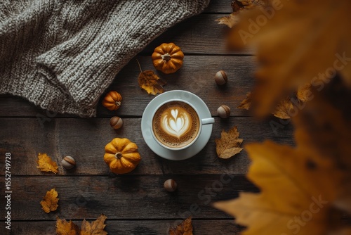 Cozy Autumn Coffee with Pumpkins and Leaves on Wooden Table