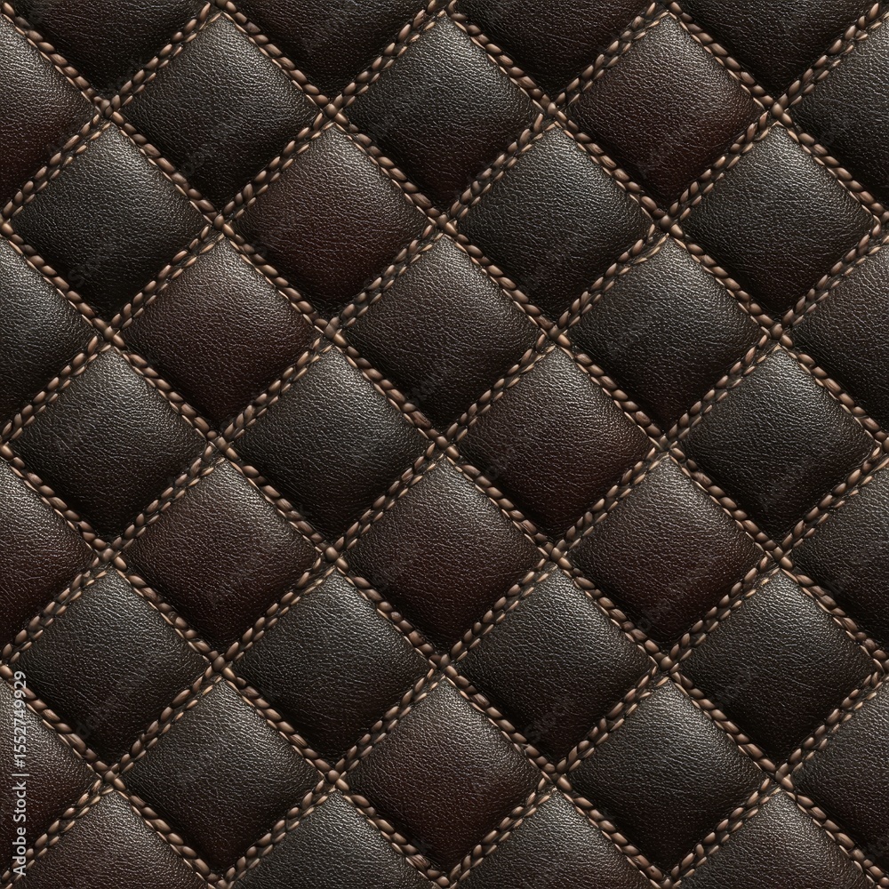 Fototapeta premium Diamond-patterned quilted leather in dark brown and black shades, stitched with a lighter brown thread. The texture is luxurious and shows subtle shading