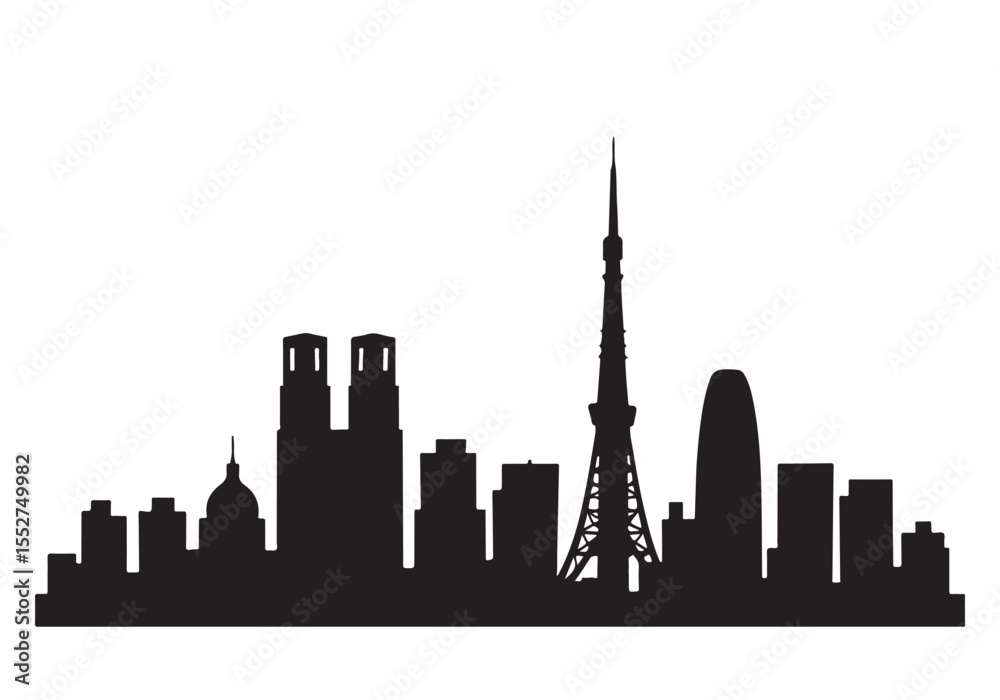 Naklejka premium Black silhouette of Tokyo city skyline with famous tower and urban buildings on white background.