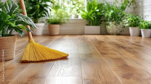 Broom Sweeping Clean Wooden Floor.