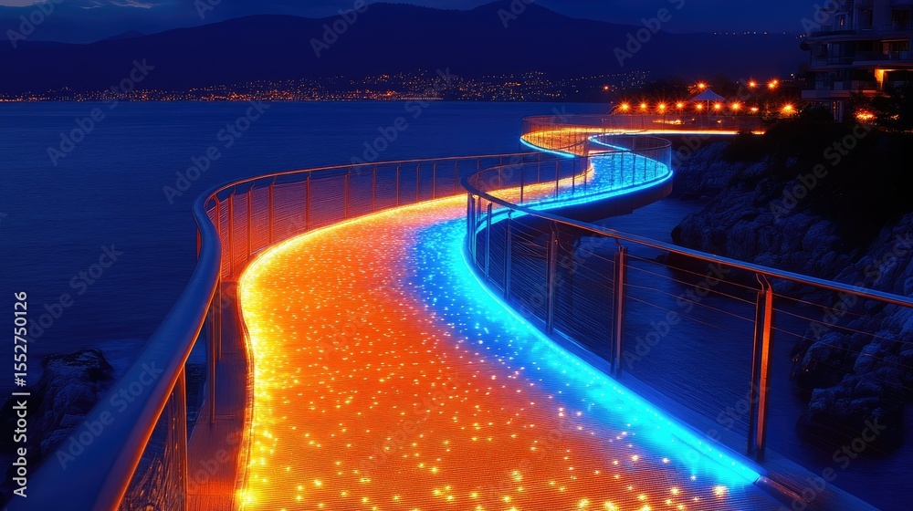 Fototapeta premium Illuminated Coastal Walkway at Night.