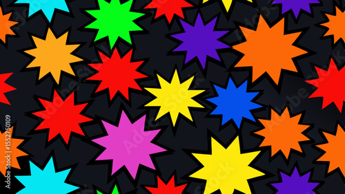Vibrant colorful starburst shapes scattered on a dark background seamless pattern