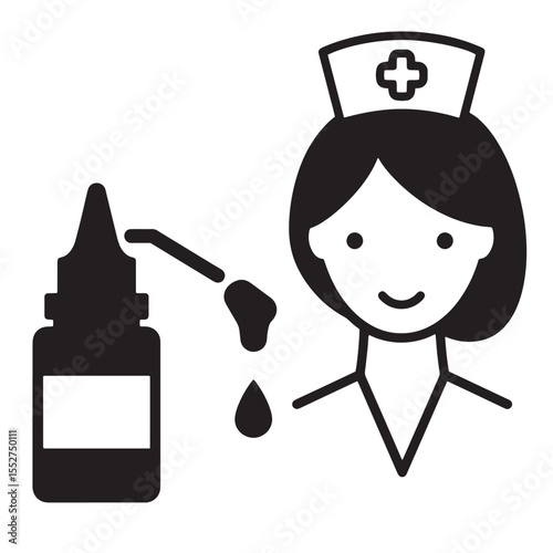 Black and white cartoon nurse with nasal spray bottle and health symbol on hat.