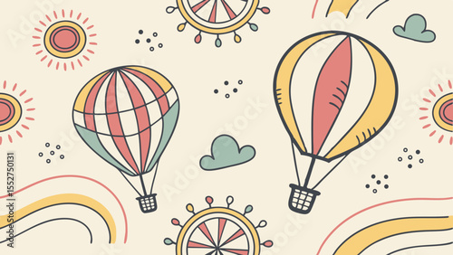 Whimsical hot air balloons float across a dreamy sky with suns and clouds