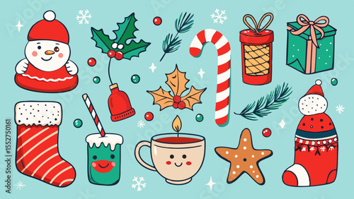 Charming christmas icons including snowman candy cane gifts and holly berries