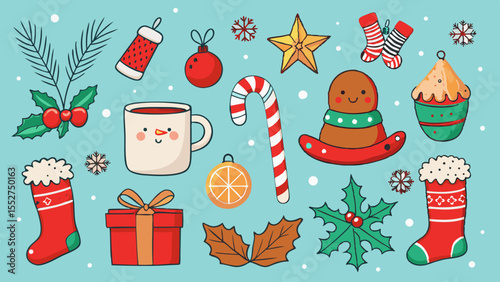 Charming christmas icons featuring festive decorations and treats on a light blue background