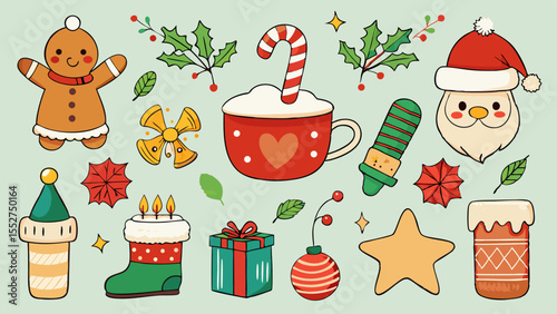 Collection of cute hand drawn christmas elements including gingerbread man santa candy cane and gifts