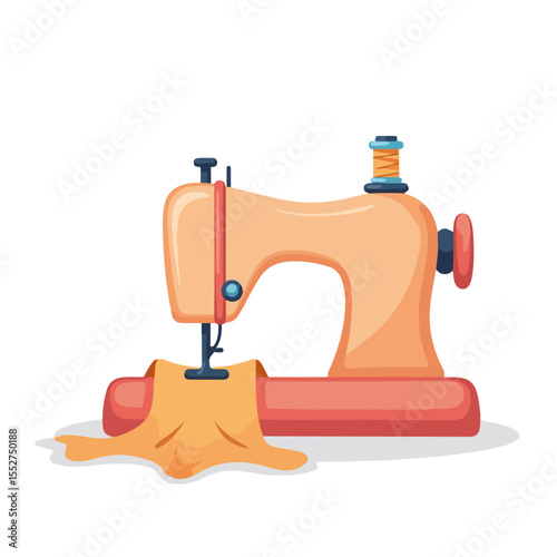Sewing machine with fabric flowing through it.  Vintage sewing machine with orange fabric mid-project. This image is perfect for sewing blogs, tutorials, and craft projects.