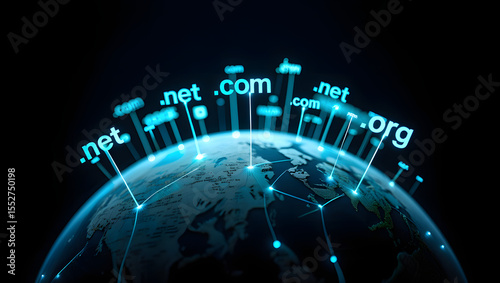 Domain names hover above a digital globe with network connections