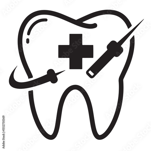 Black and white dental clinic icon with cross symbol and tooth instrument illustration