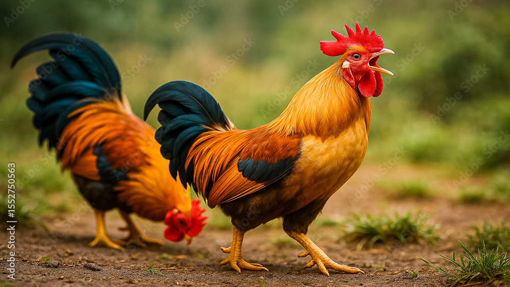 Fototapeta premium Two Colorful Roosters Crowing and Foraging on Rural Ground Surface Outdoors.