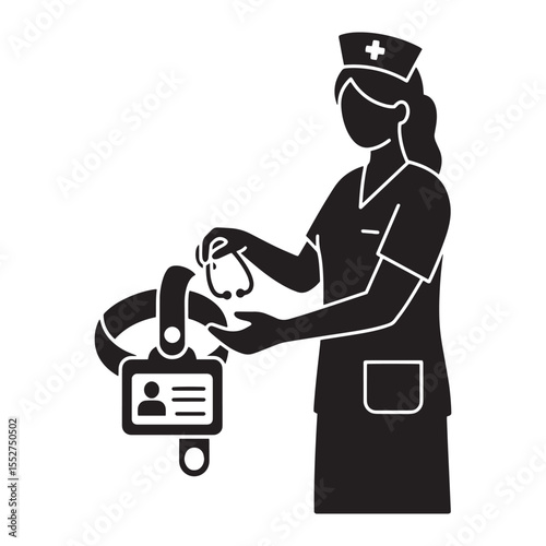 Black and white illustration of a nurse holding a stethoscope and id badge