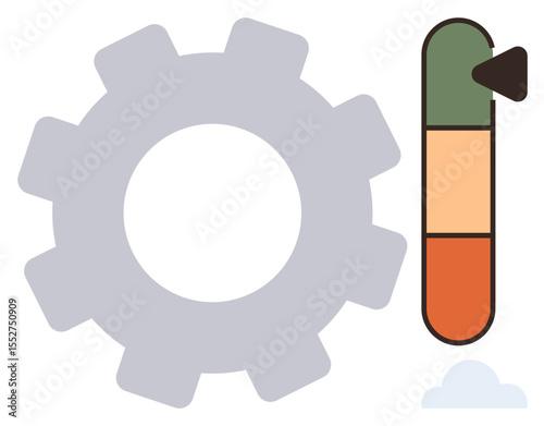 Large gear beside a vertical green-orange-red meter with an arrow, indicating levels of productivity or performance. Ideal for mechanics, progress monitoring, efficiency, optimization, industrial