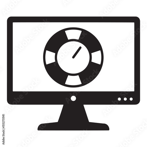 Computer monitor displaying a loading wheel or progress indicator in a minimal design.