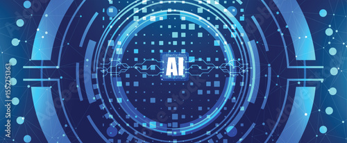 Futuristic AI technology background with digital circle, circuit lines, and data connection network.