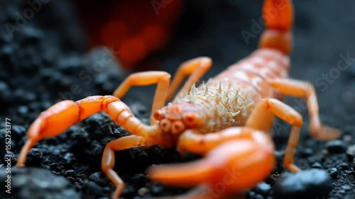Crawling Scorpion Close-up on Dark Rocky Ground
