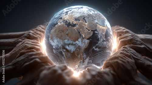 Hands joining together over a glowing globe, unity and global business collaboration