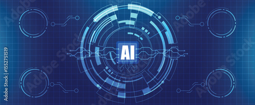 Futuristic AI technology background with digital circle, circuit lines, and data connection network.