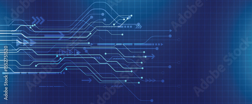 Digital circuit tech background with flowing lines and arrows on a blue futuristic grid.