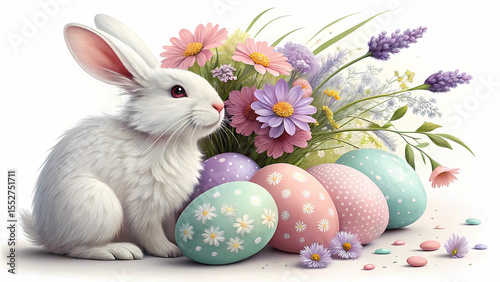 Easter bunny with decorated eggs and spring flowers for easter holiday seasonal celebration image