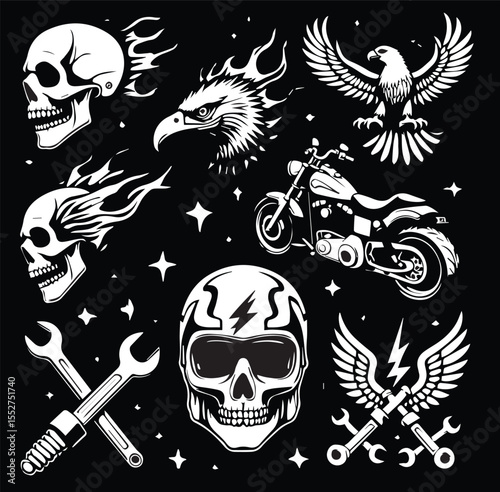 Collection of motorcycle-themed graphics on a black background