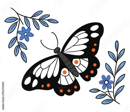 Butterfly with blue wildflowers on white background 