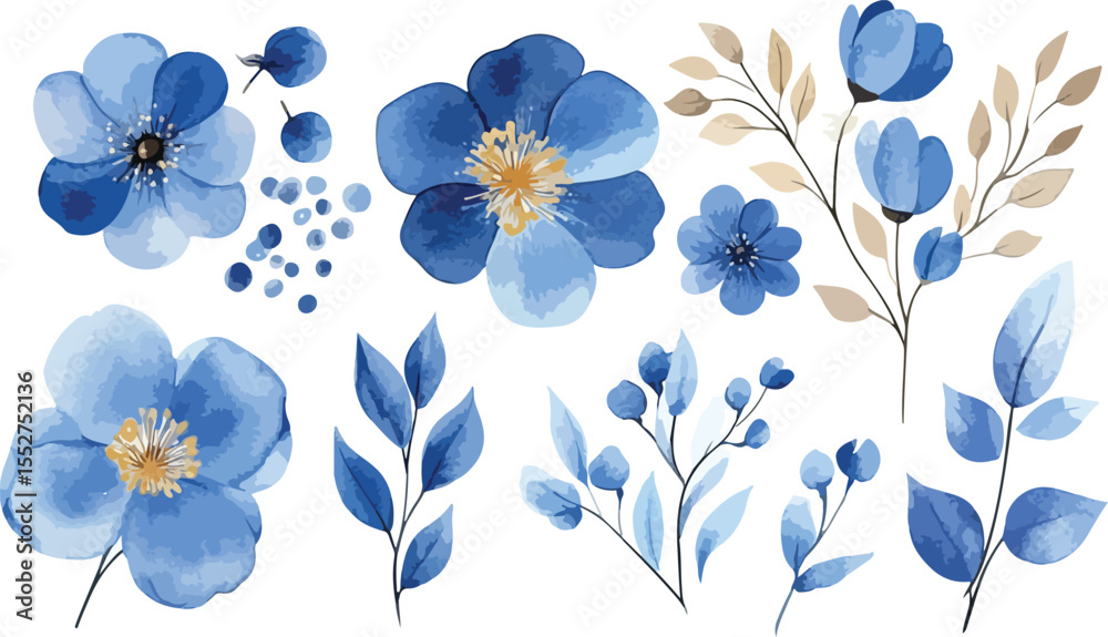Fototapeta Set of Delicate Watercolor Blue Flowers and Leaves