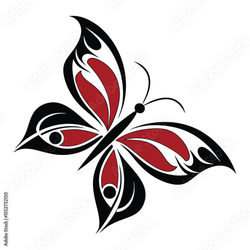 Butterfly tattoo design, red and black symmetrical wings with intricate linework