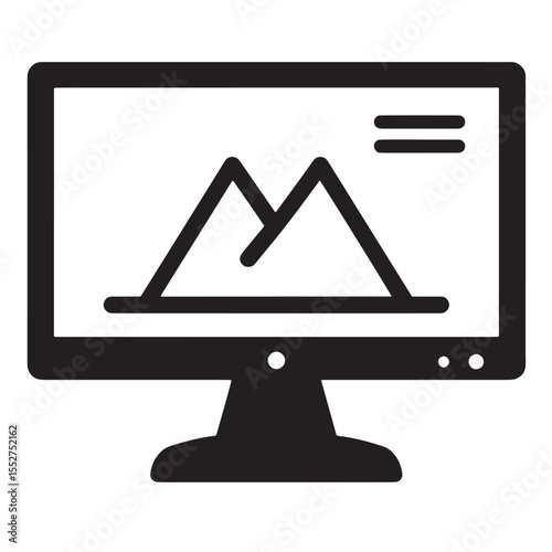 Minimalist icon of a computer displaying mountain landscape and settings symbol